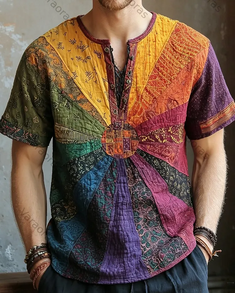 Men's Summer Fashion Rainbow-Colored  Linen Short-Sleeve Top 9018
