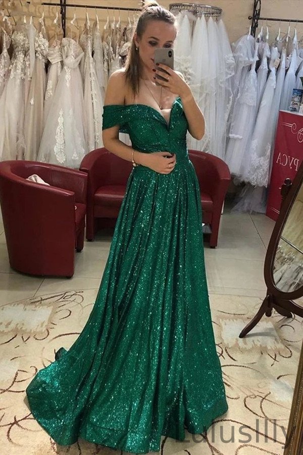 Off-the-Shoulder Green Sequins Evening Dress - lulusllly