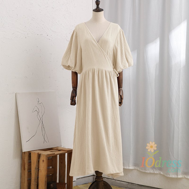 IO Dress Causal 100% Cotton Women's Dress Vintage Crepe Gauze V-Neck Puff Sleeve Bandage Lace Up Elegant White Dresses Long Maxi Robe