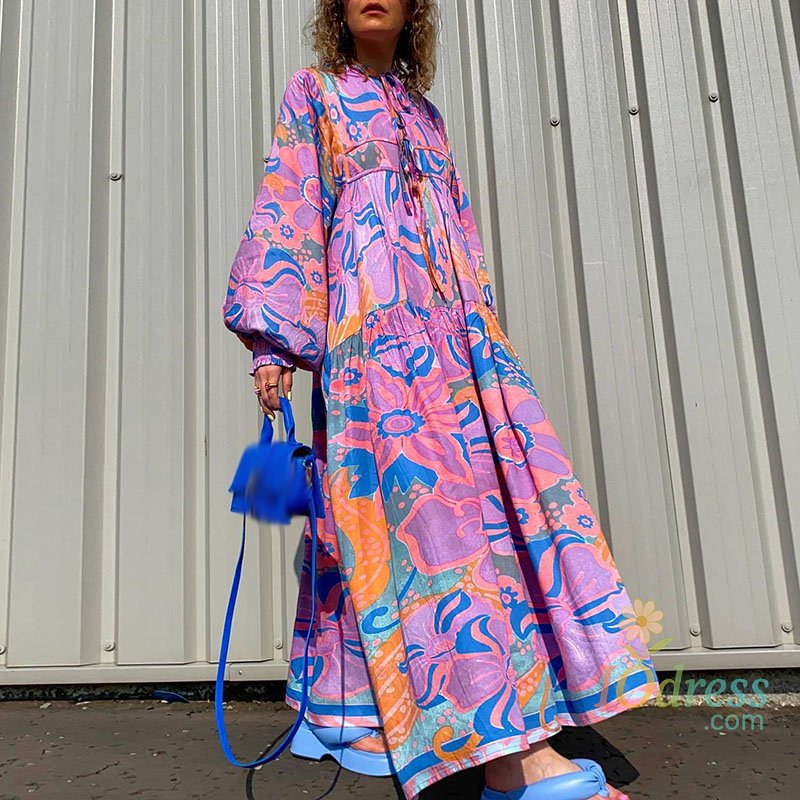 IO Dress Autumn Fashion Boho Holiday Pleated Dress Women Floral Print Lace-Up Maxi Dress Casual Vintage Lantern Sleeve Loose A-Line Dress IO Dress