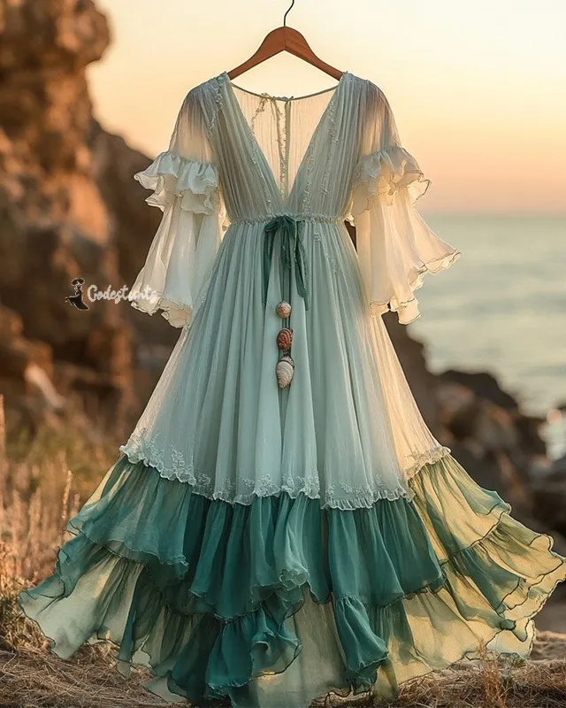 Summer vacation bohemian hand embroidered chiffon dress c73d