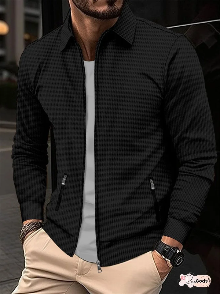 Jacket Men's Spring and Fall Waffle Zipper Pockets Lapel Slim Cardigan Men's Jacket