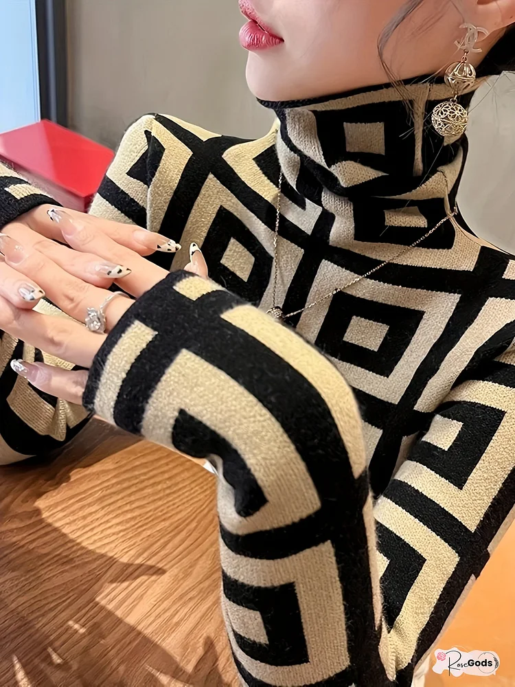 Women's Slim-Fit Winter Turtleneck Sweater - Black/Beige/White/Gray/ Geometric Greek Key Collar, Long Sleeve Structured Jacket-like Blazer for Office, Party & Casual Wear - Cozy Fall & Winter Sweater (No Belt), Winter Clothes For Women