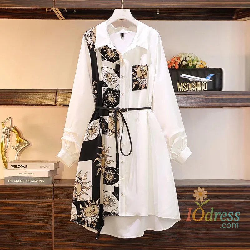 IO Dress Vintage Print A-Line With Belt Loose Polo Neck Women's Dress Elegant Single-Breasted Knee Length Dresses For Women 2024 Spring