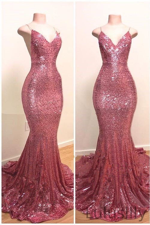 Gorgeous Spaghetti-Straps Sequins Prom Dress Mermaid Long Rose Pink Party Gowns - lulusllly