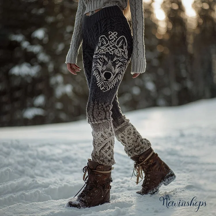 Women's Retro Viking Wolf Gradient Knit Leggings