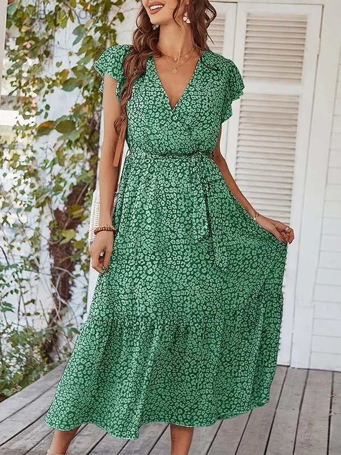 Printed Ruffle V-neck Dress