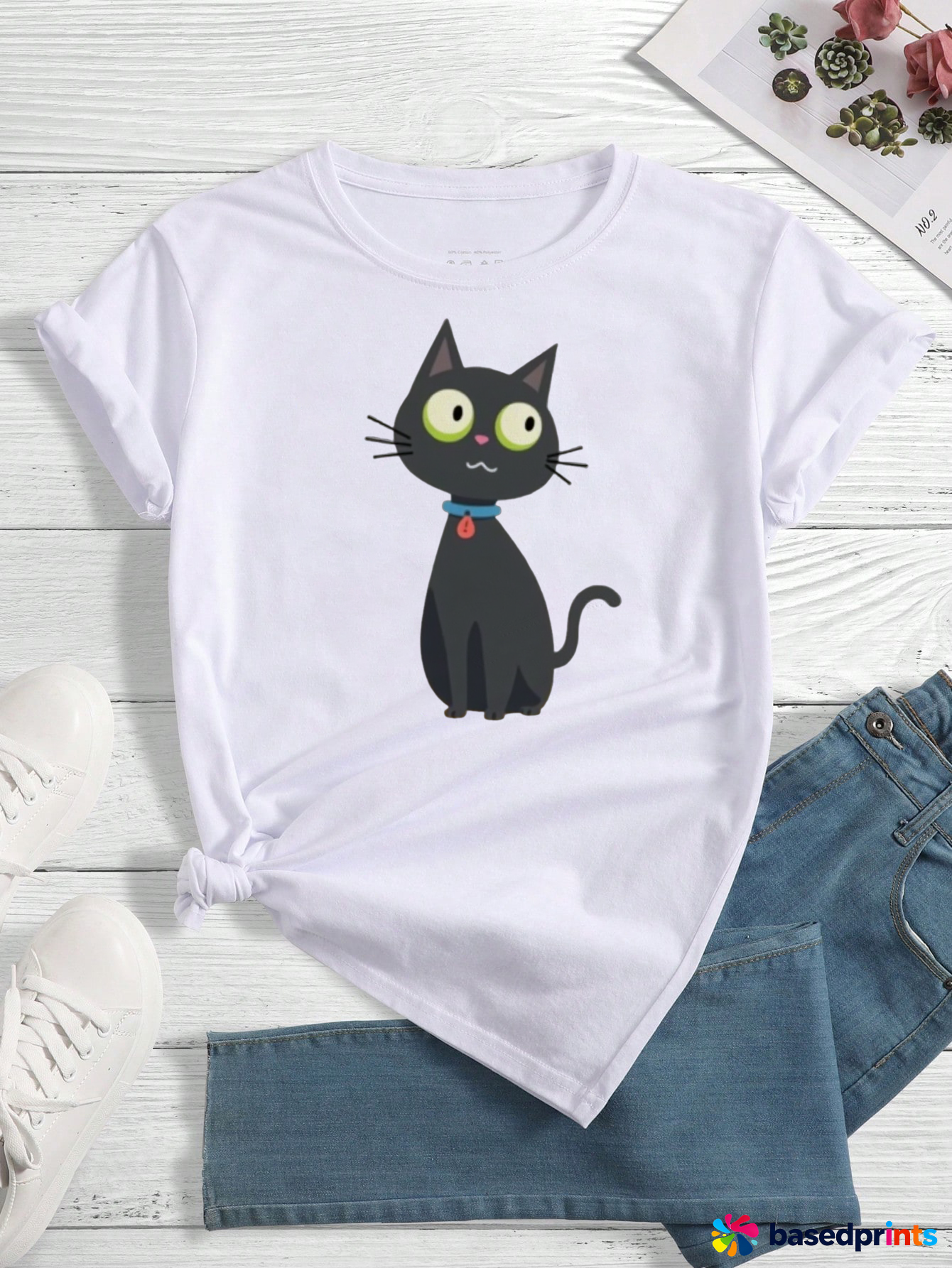 Cute Black Cat Print T-Shirt Women Summer Casual Short Sleeve Tops