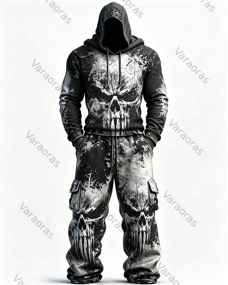 Men's Fashion Viking Contrast Color Skull Embroidered Hoodie & Pants Two-Piece Set 6673