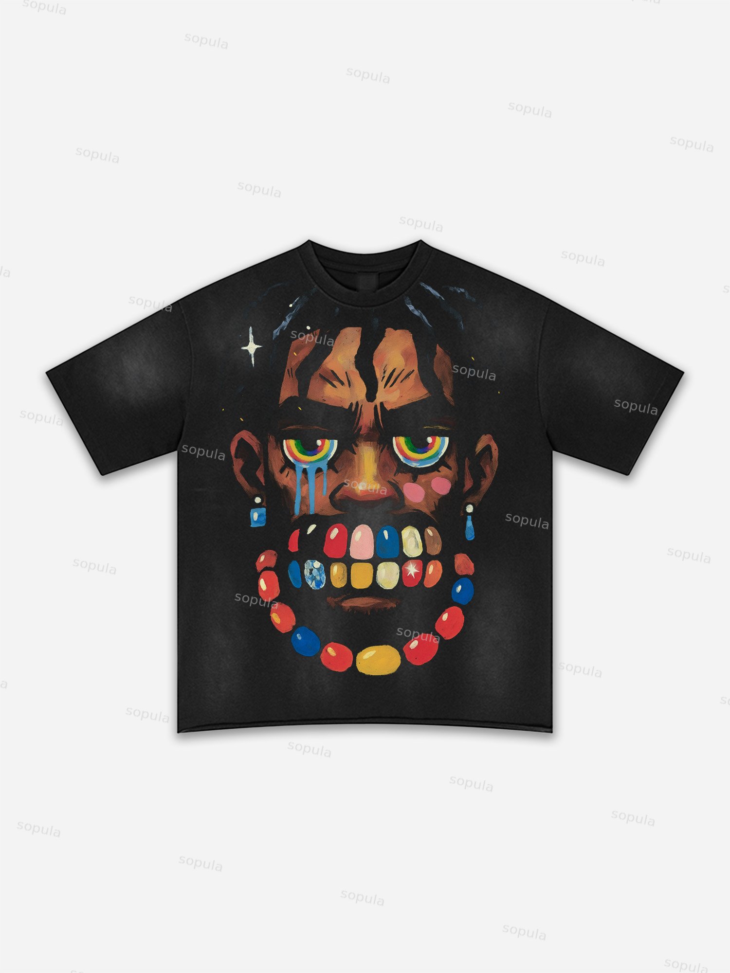 Colorful Braces Cartoon Portrait Graphic Washed T-shirt