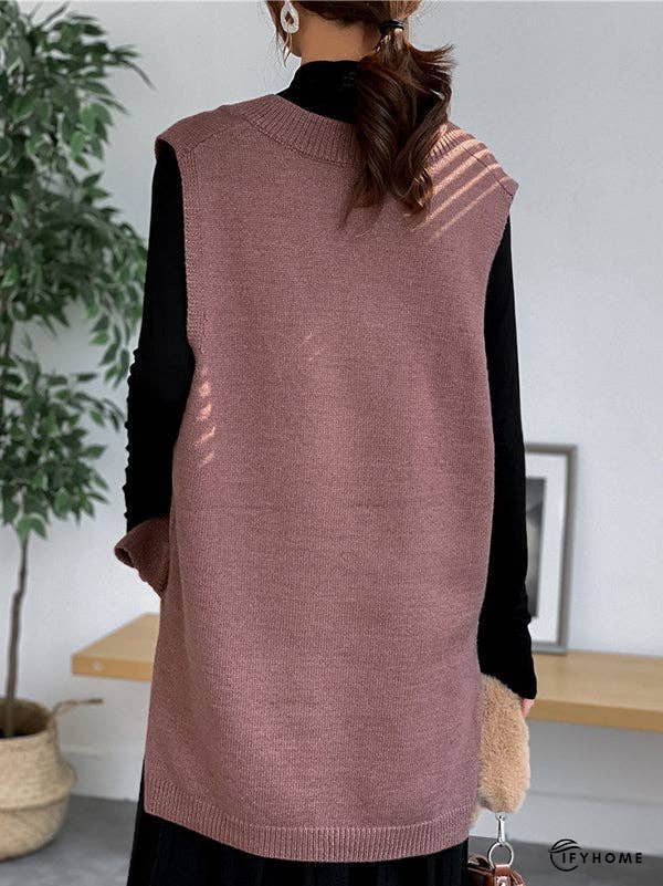 Trendy Sleeveless Split-Side Solid Color V-Neck Knitted Vest | IFYHOME