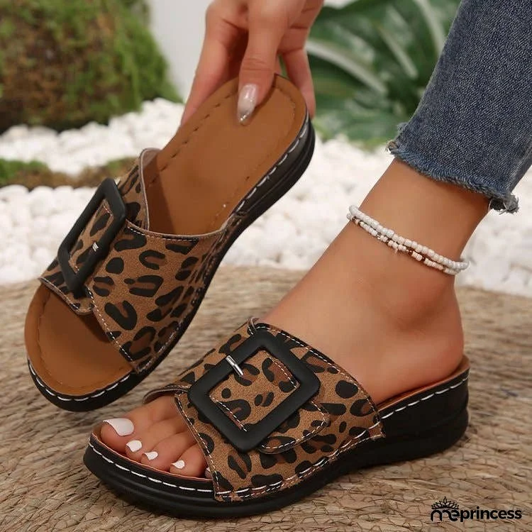 Suede Leopard Wedge Sandals