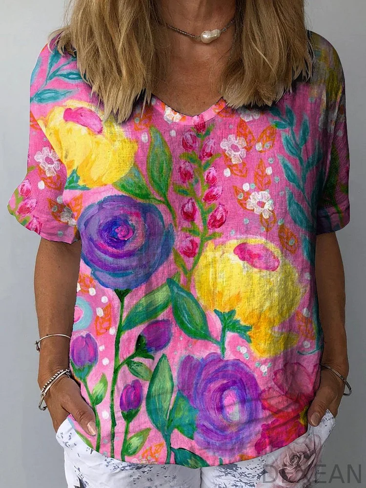 Bright Flower Print Women's Print Casual Cotton And Linen Shirt