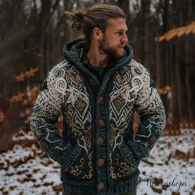 Men's Vintage Viking Gradient Art Jacquard Knitted Cozy Hooded Cardigan