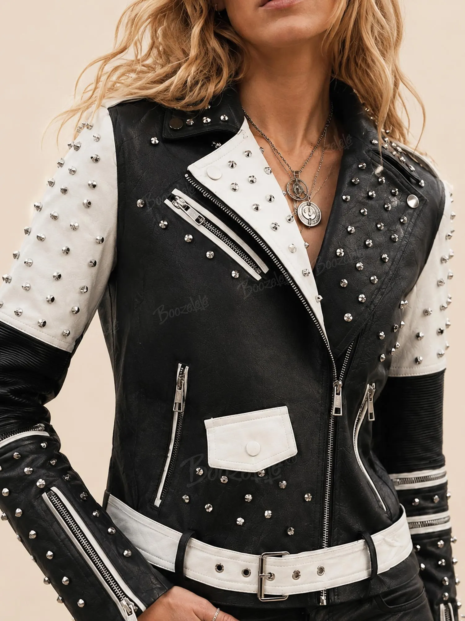 Ideal for Country Music Festivals &mdash; Black and White Studded Zip-Belt Faux Leather Women's Moto Jacket