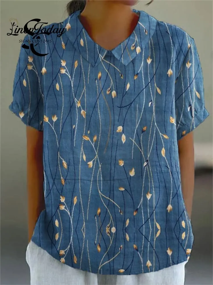 Women's  Flower Art Print Casual Cotton And Linen Shirt