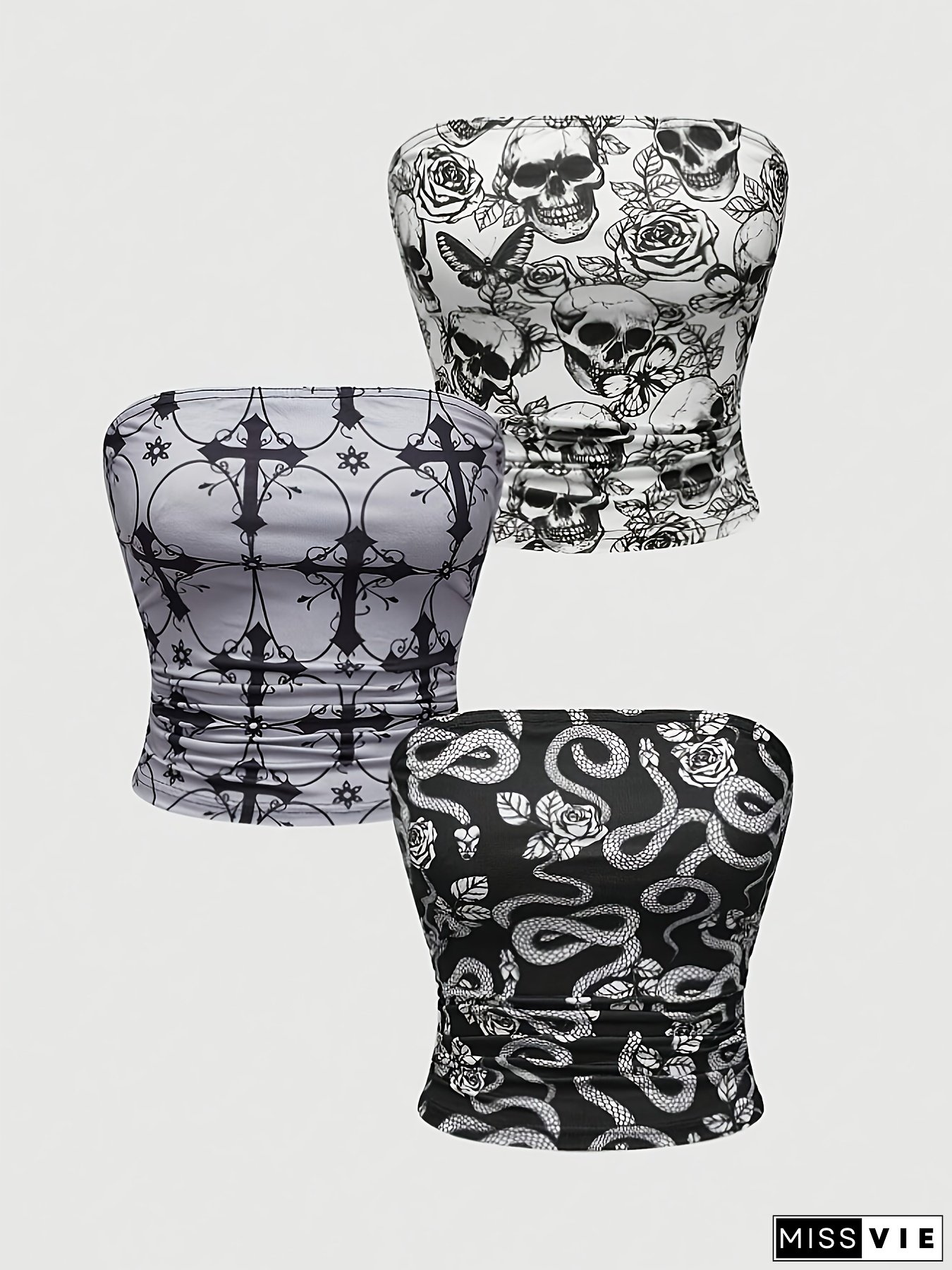 [Retro Tube Tops] 3pcs Retro Off-Shoulder Tube Tops - Stretchy Polyester, Skull, Cross & Snake Print, Black/White & Gray/White, Casual Summer Wear