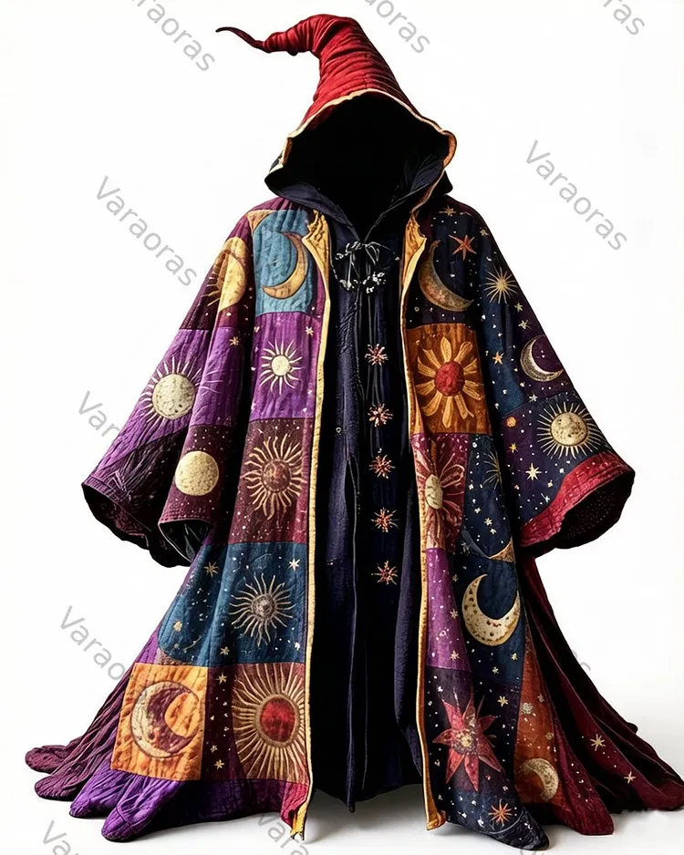 Men's fashionable hippie star and moon print cotton linen hooded cape  7918