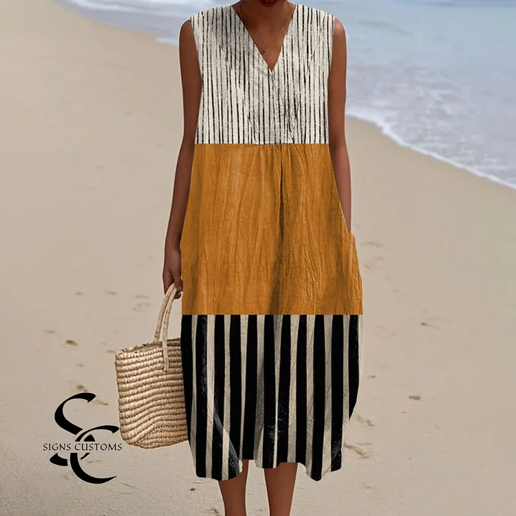 Women's Vintage Abstract Geometric Art Print Sleeveless Cotton Pocket Wrap V Neck Dress
