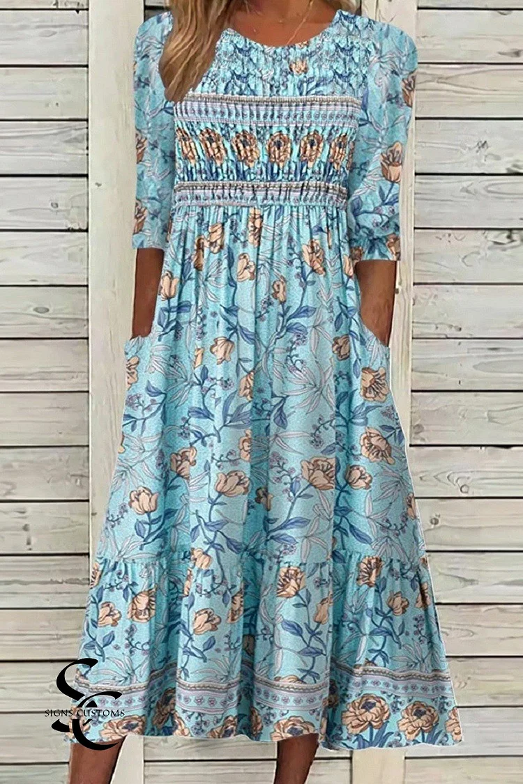 Round Neck Graphic Floral Print Half Sleeves Midi Dress