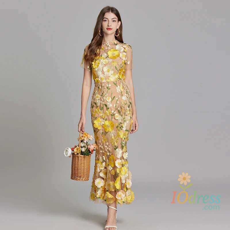 IO Dress Summer Embroidery Lace Prom Dress Women French Luxury 3D Flower Fishtail Short Sleeve Long Dresses Party Bodycon Holiday Vestido