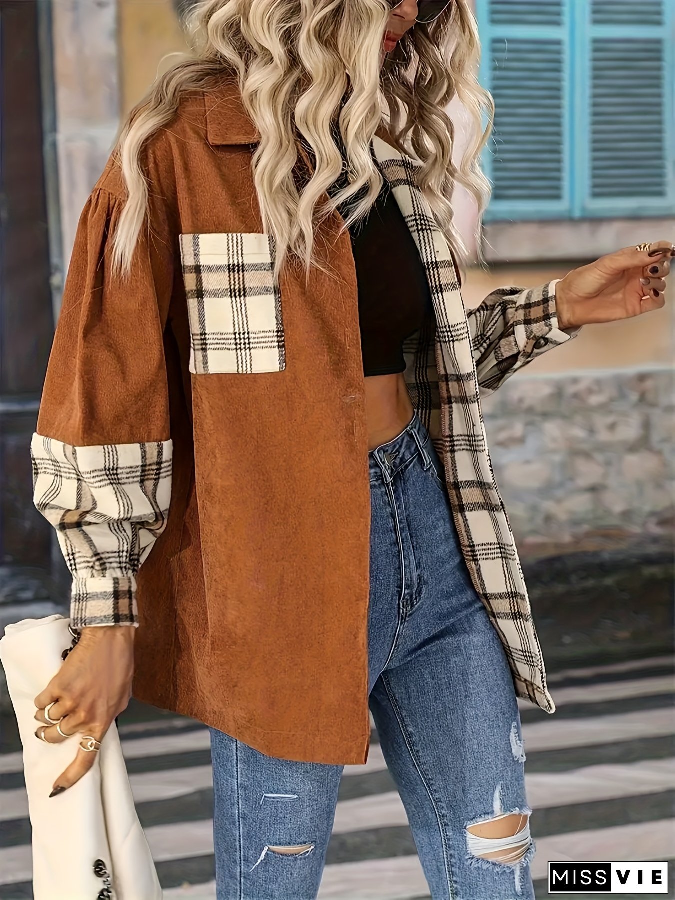 Women&lsquo;s Casual Plaid Button-Up Shirt Jacket - Brown & Beige Check, Long Sleeves, Casual Style, All-Season Wear, Casual Adult Jacket|Plaid Pattern Jacket|Casual Lapel Collar, Casual Jacket