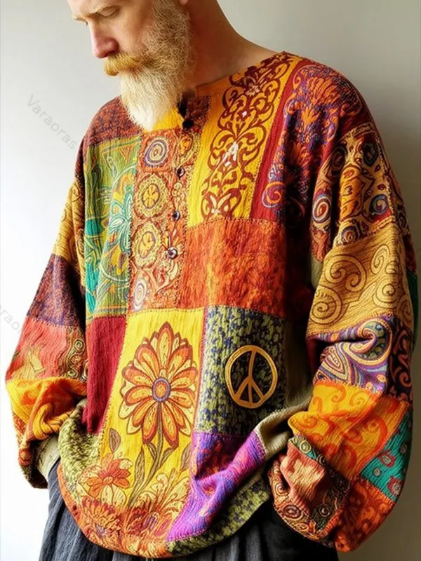 Men's Peace Flower Hippie Art Print Long Sleeve Buttons Shirt 2050