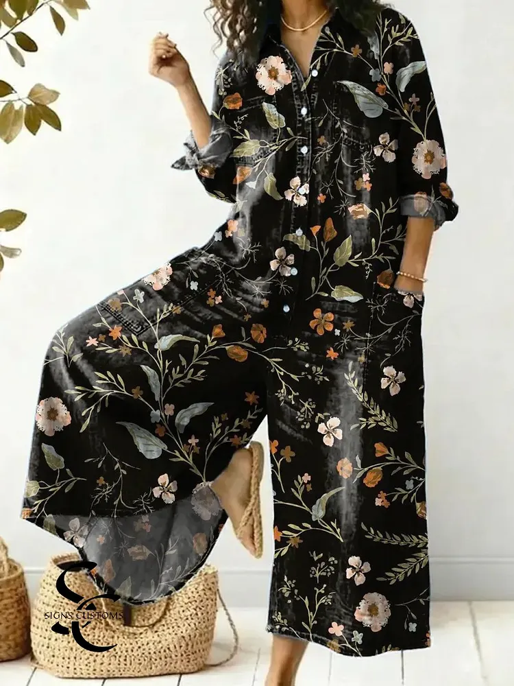 Women's Vintage Floral Pattern Art Print Casual Cotton Jumpsuit