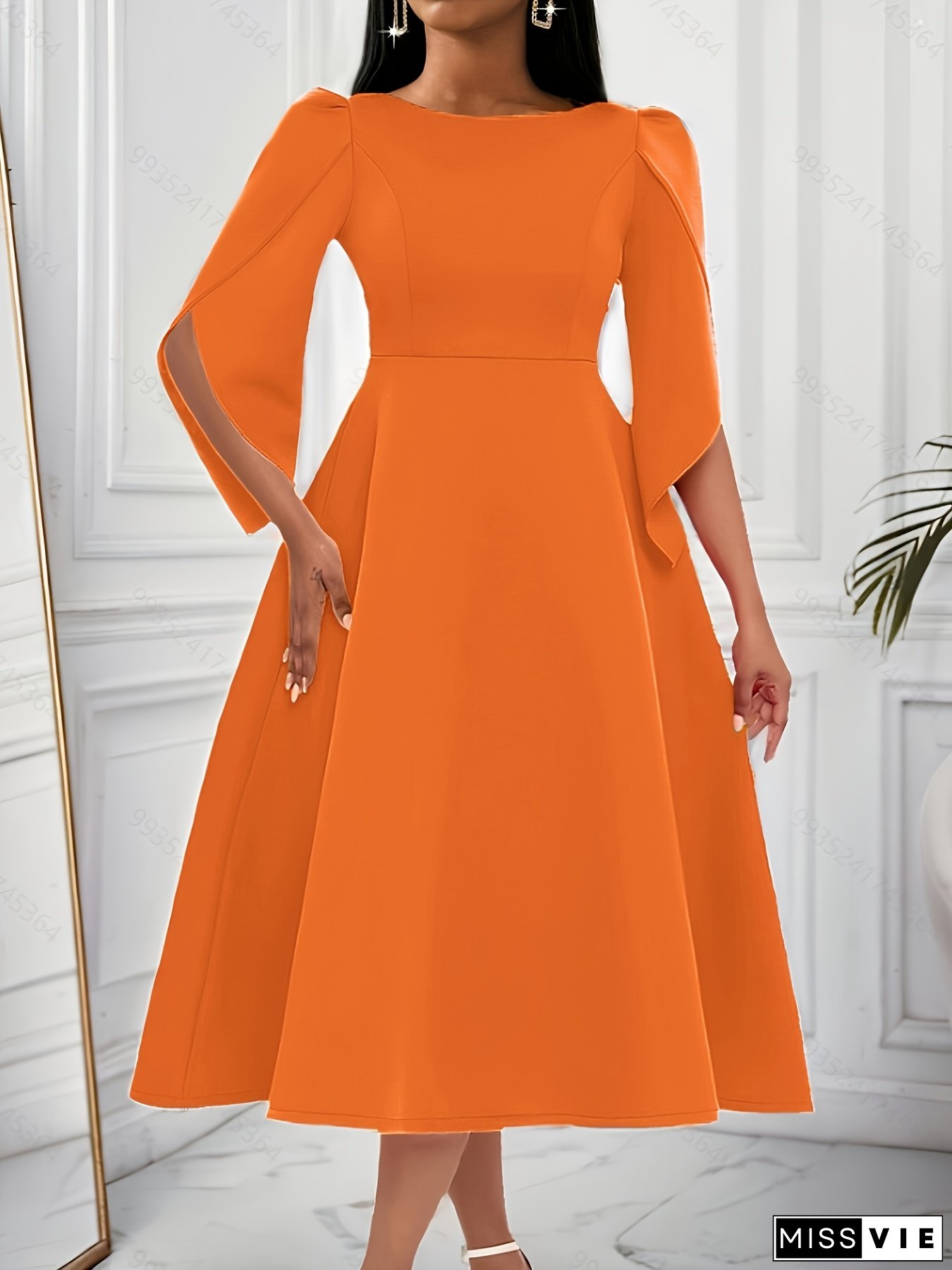 Plus Size - Elegant Black Midi Dress For Women - Crew Neck, Puff Sleeves, High-Low Hem, Stretchy Polyester Blend, Perfect For Casual Or Formal Occasions, Formal Attire | Puff Sleeve Dress | Polyester Blend