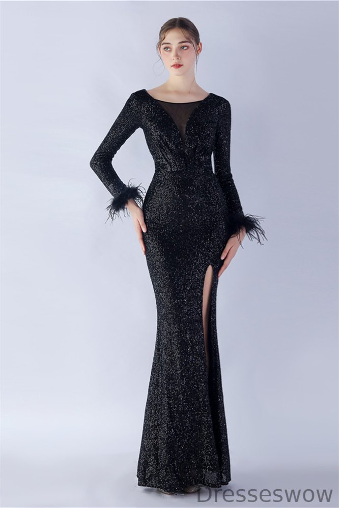 Dresseswow Long Sleeves Sequins Prom Dress Mermaid Split With Feather