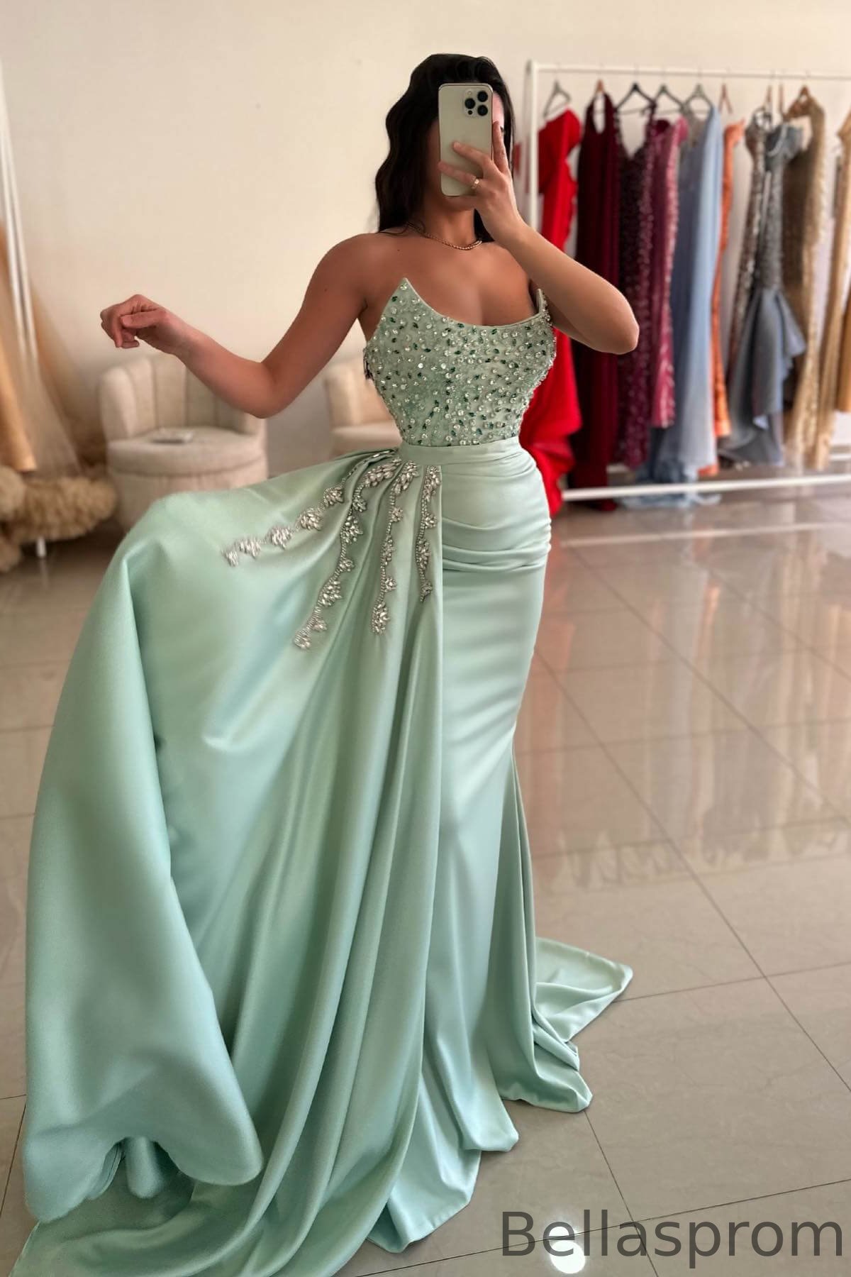 Bellasprom Mint Green Strapless Mermaid Prom Dress With Ruffles Beadings Long Bellasprom