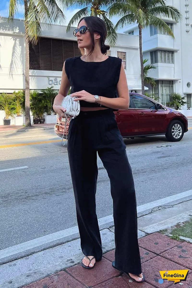 Linen Sleeveless Top & Wide Leg Pants Set