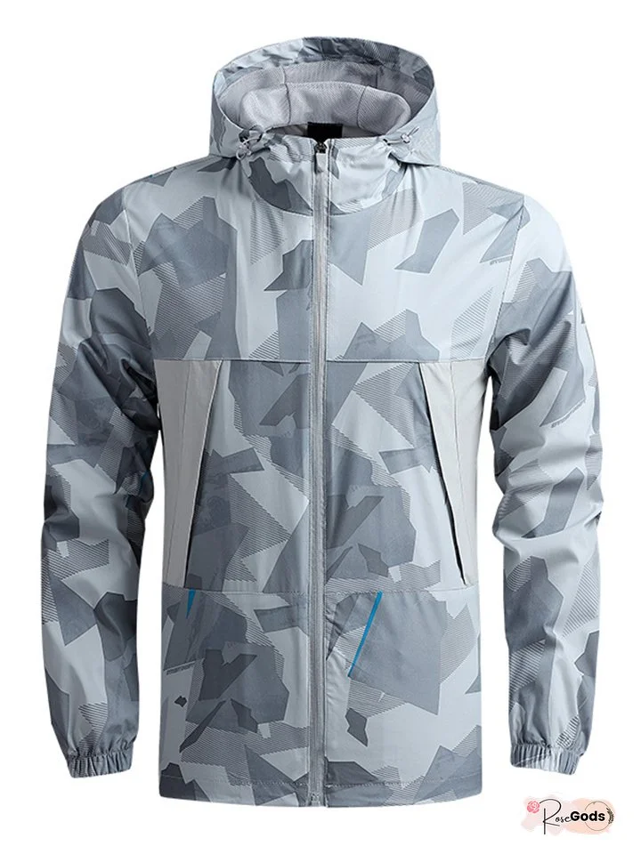 Loose Geometric Pattern Men's Mountaineering Jacket Thin Section Casual Quick Dry Windbreaker Outdoor Sports Hooded Jacket