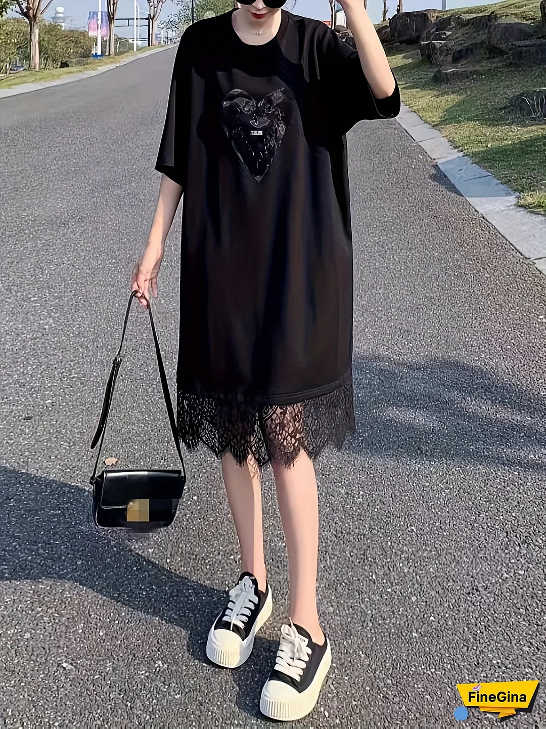 Women's Elegant Lace-Trimmed Knit Midi Dress - Black & White Contrast Short Sleeve, Loose Fit Straight Cut, Machine Washable Casual To Semi-Formal Summer Dress, Lace Dress
