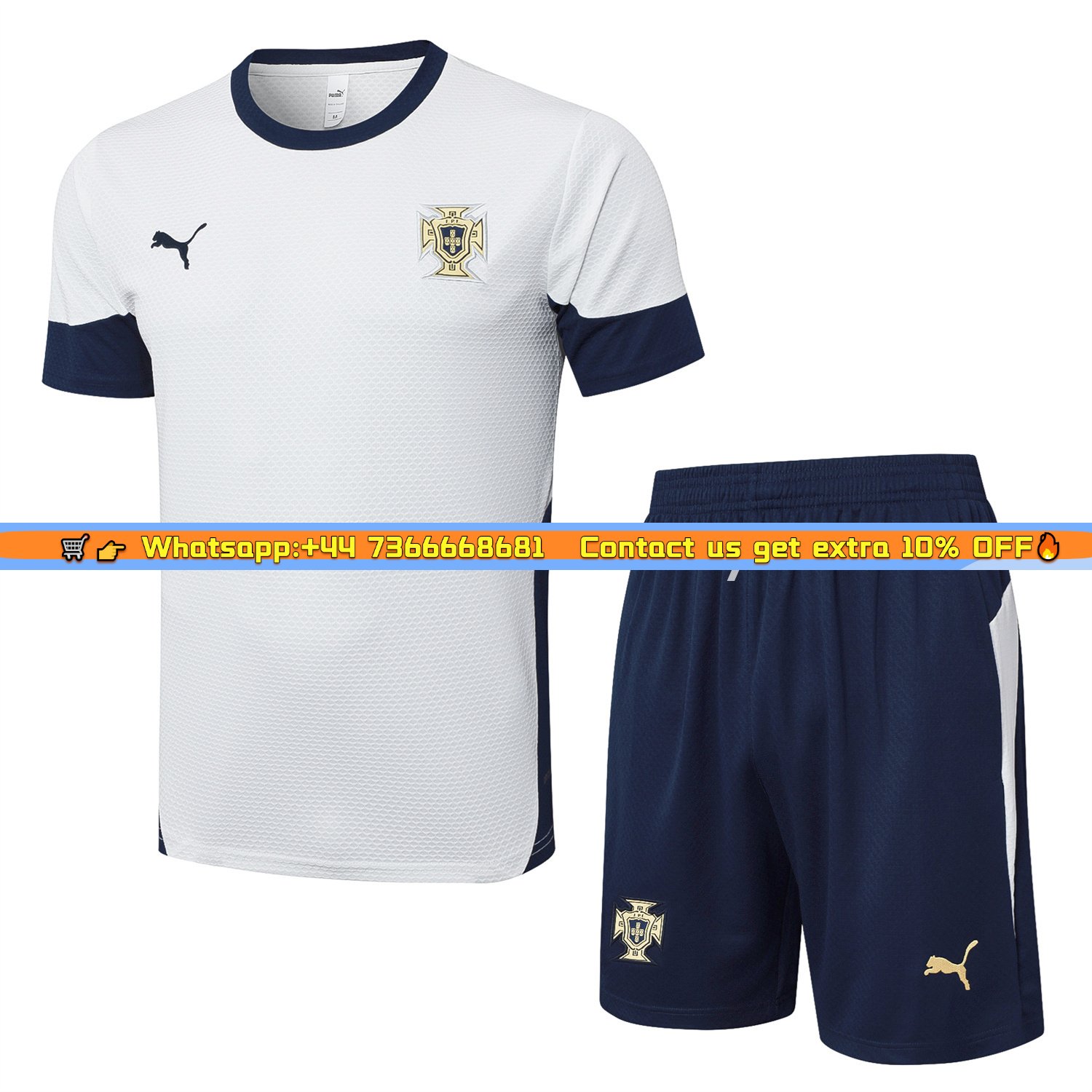 Portugal 25-26 Short-Sleeve Training Set - Off White Top and Deep Blue Shorts