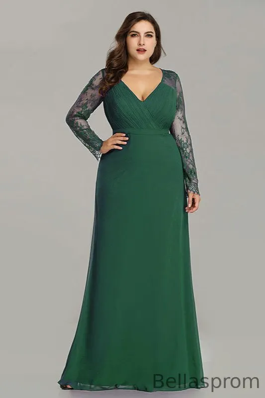 Bellasprom Plus Size Lace V-Neck Evening Dress Online Long Sleeve Dark Green-US4