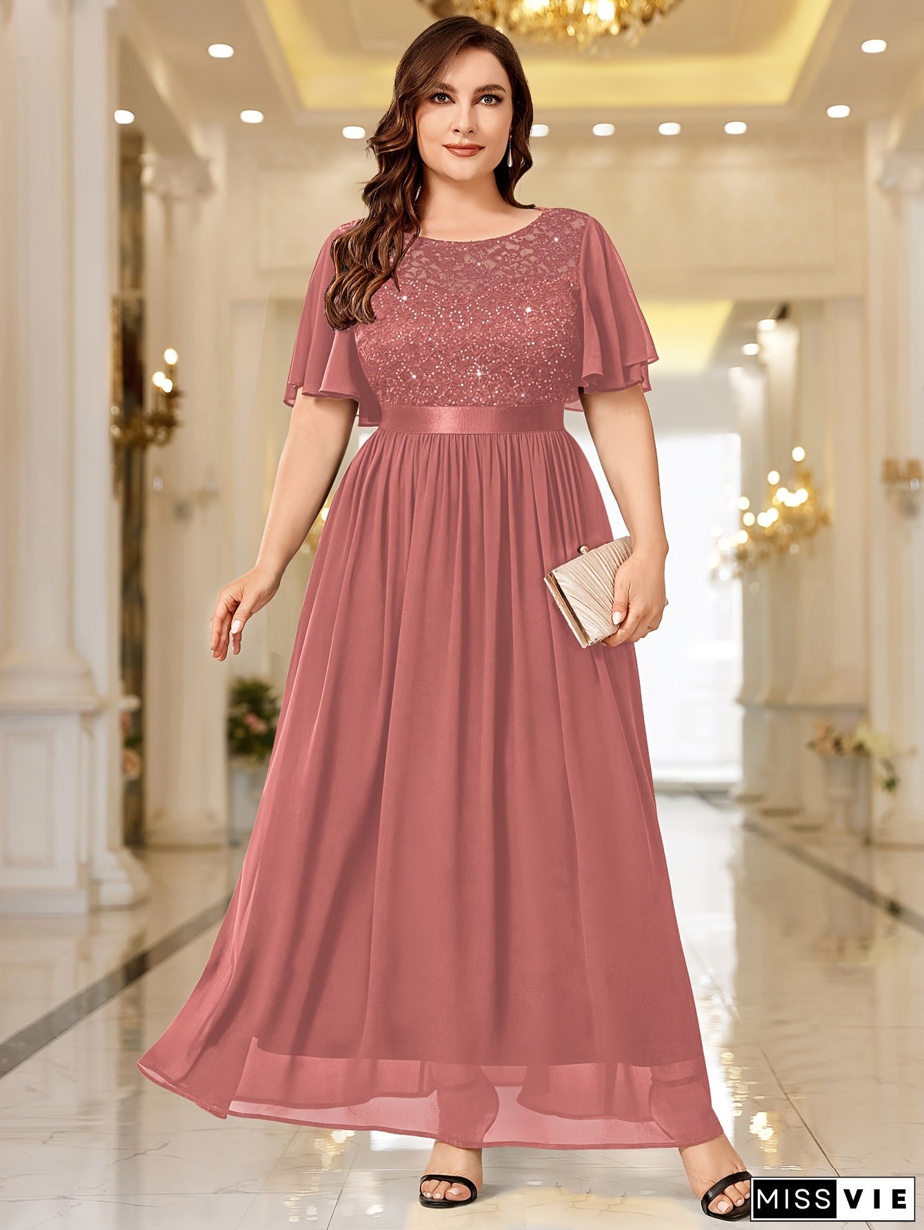 Plus Size - Yp24242 Women's Plus Size Elegant Sparkle Sequin Lace Contrast Chiffon Bridesmaid Maxi Dress, Round Neck Butterfly Sleeves Empire Waist Gown, Perfect For Formal Evening, Wedding Party