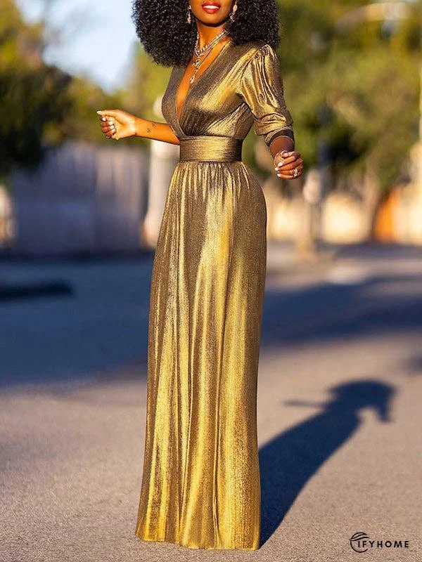 High Waisted Three-Quarter Sleeves Pleated Solid Color Deep V-Neck Jumpsuits | IFYHOME