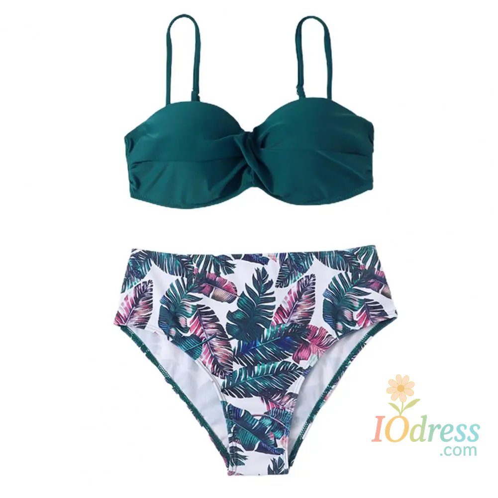 IO Dress Women Bikini Set Solid Color Underwire Padded Push-Up Split Bikini Bra Print High Waist Bottoms Swimsuit Women Bathing Suit