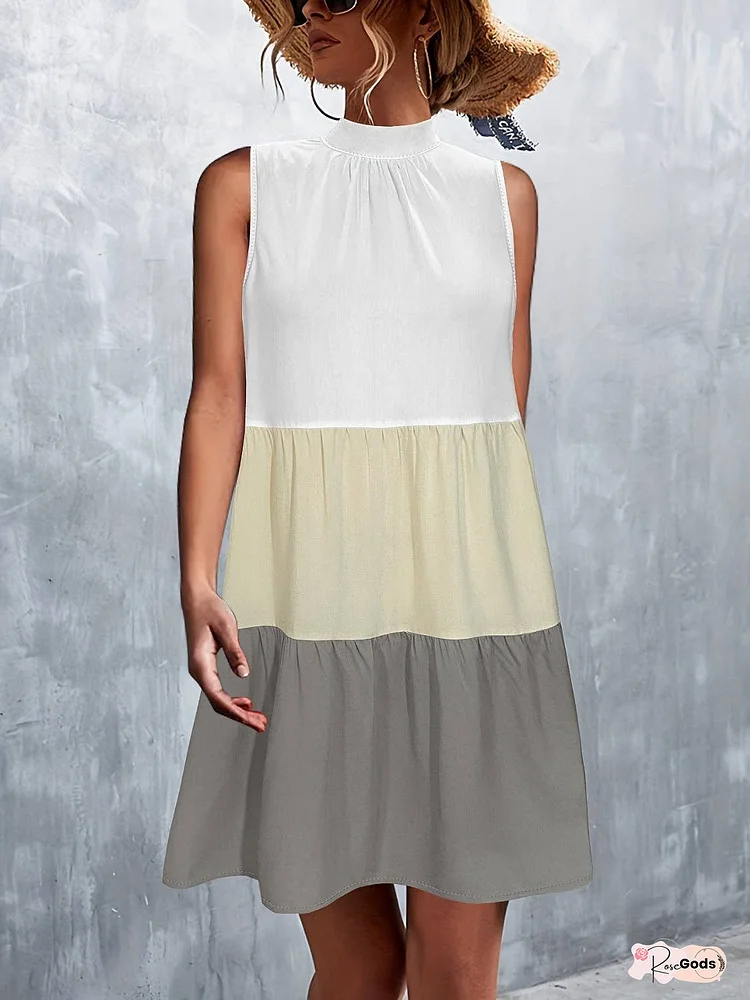 Tied Color Block Mock Neck Sleeveless Dress