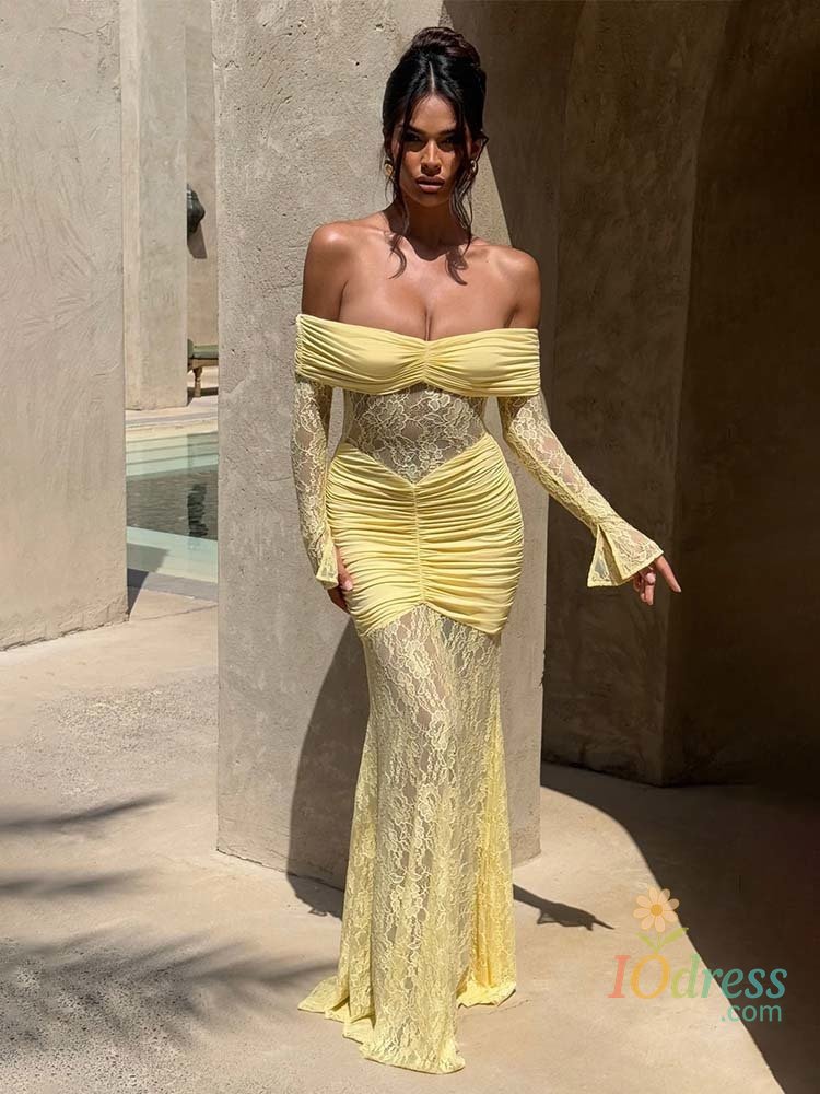 IO Dress Townlike Pleated Slim Bodycon Maxi Long Dress Women Off Shoulder 2025 Autumn Winter Dress Lace Patchwork Sexy Party Dresses