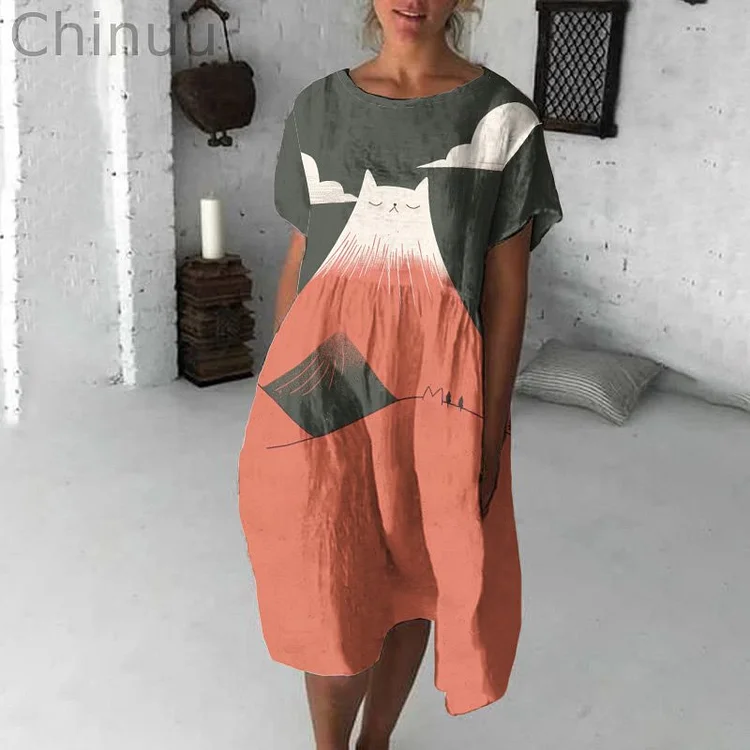 Abstract Creative Cute Mountain Cat Pattern Drawing Print Art Midi Dress