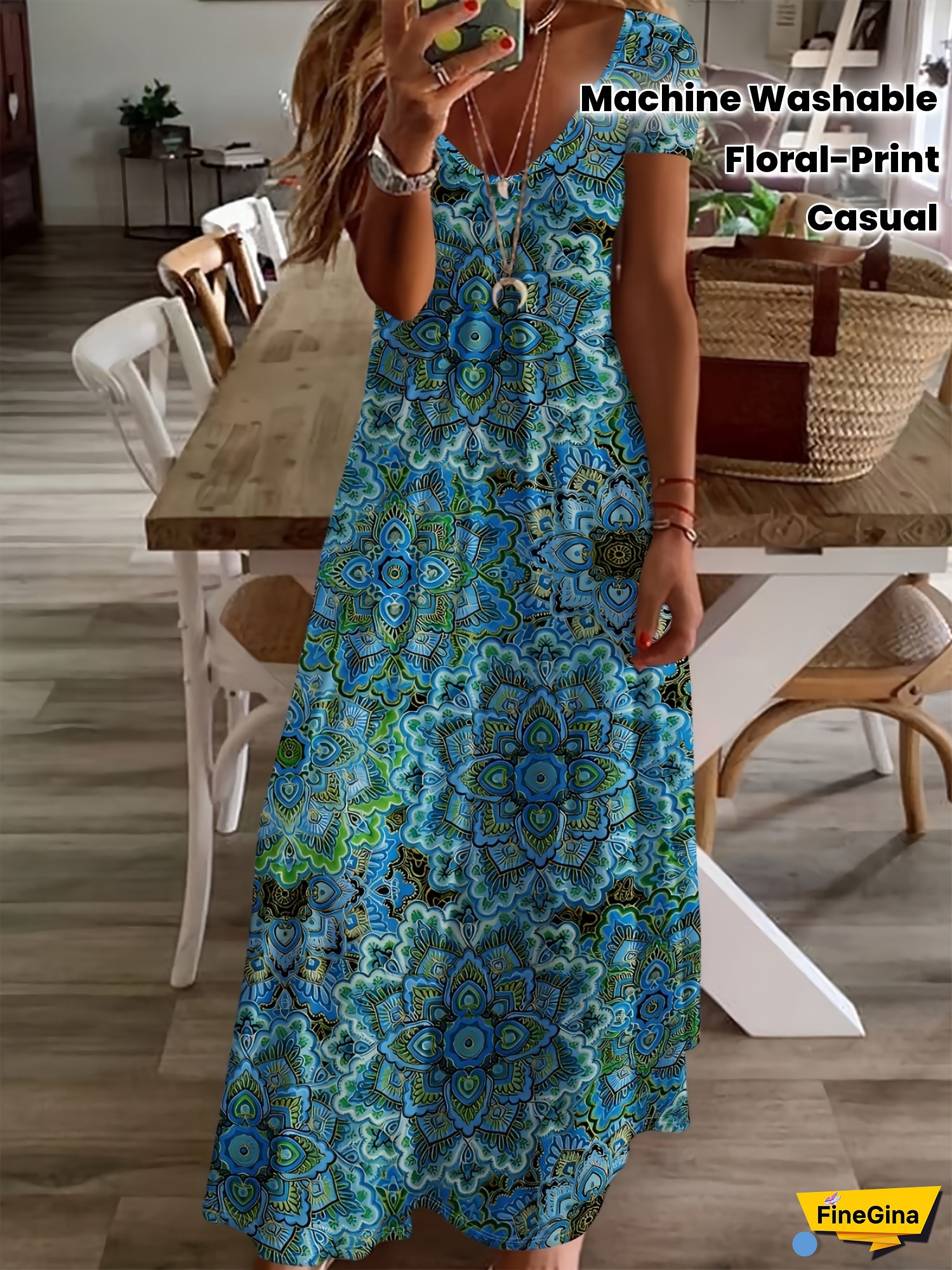 Women's Bohemian Short Sleeve V-Neck Maxi Dress - A-Line Vibrant Floral Print, Machine Washable All-Season Casual Vacation Dress For Beach Outings & Summer Festivals