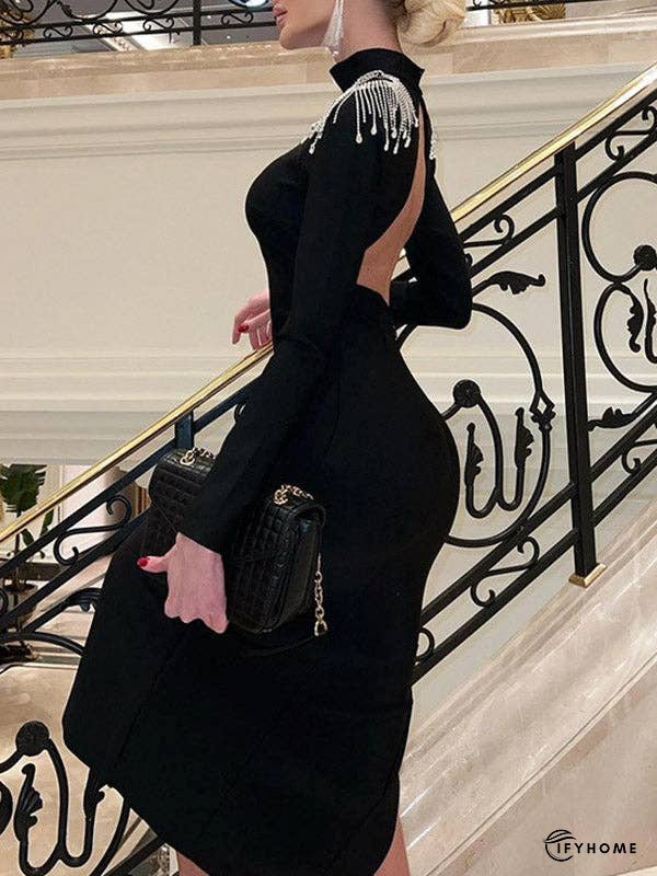 Long Sleeves Skinny Back Cross Split-Side Tasseled High Neck Evening Dresses Maxi Dresses | IFYHOME