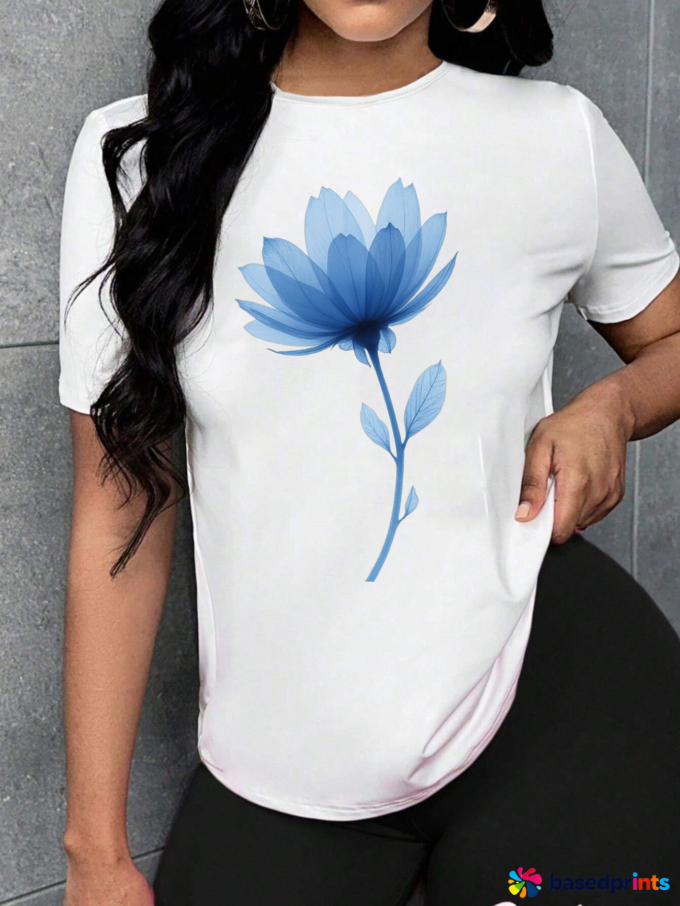 Blue Flower Print White T-Shirt