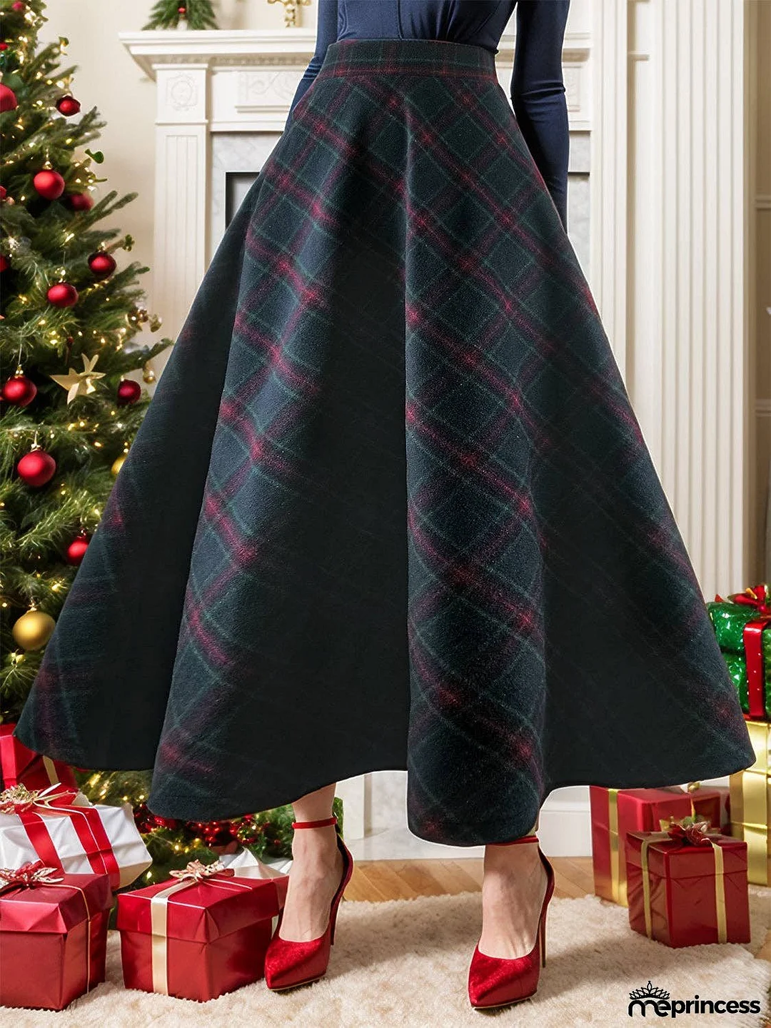 Plaid Elastic Waist Midi Skirt