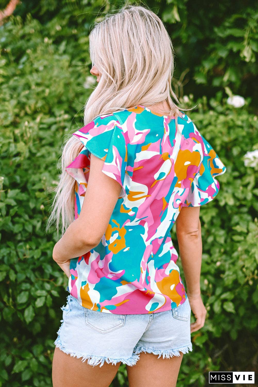 Multicolour Abstract Print Notched Neck Flutter Sleeve Blouse