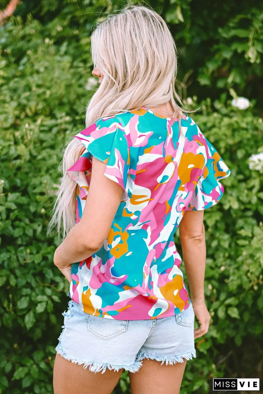 Multicolour Abstract Print Notched Neck Flutter Sleeve Blouse
