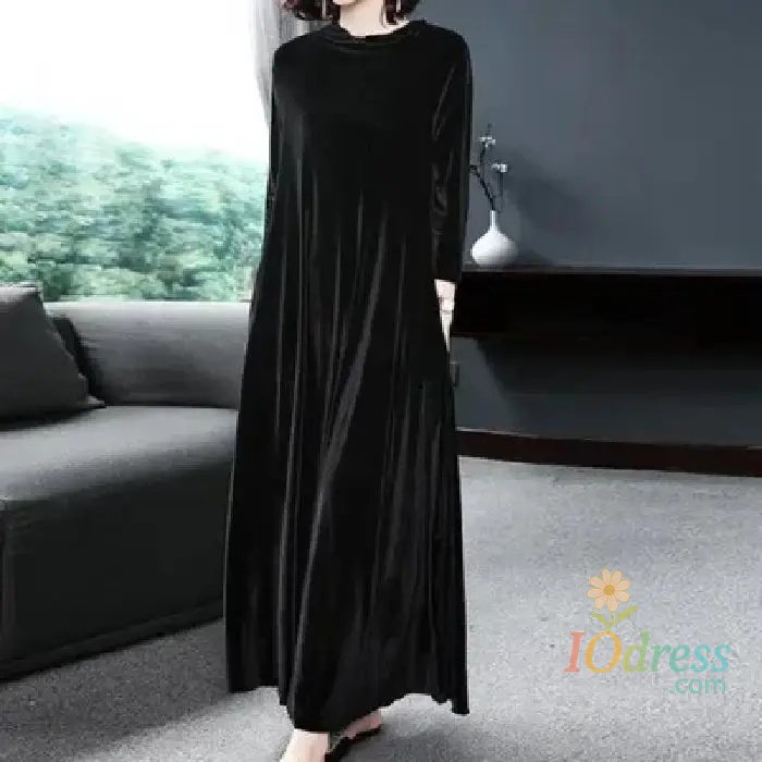 IO Dress Elegant Long Sleeve Velvet Dress Autumn Spring New Style Puffy Collar Slimming Tummy Covering Mid-Length Gown Princess Sleeve