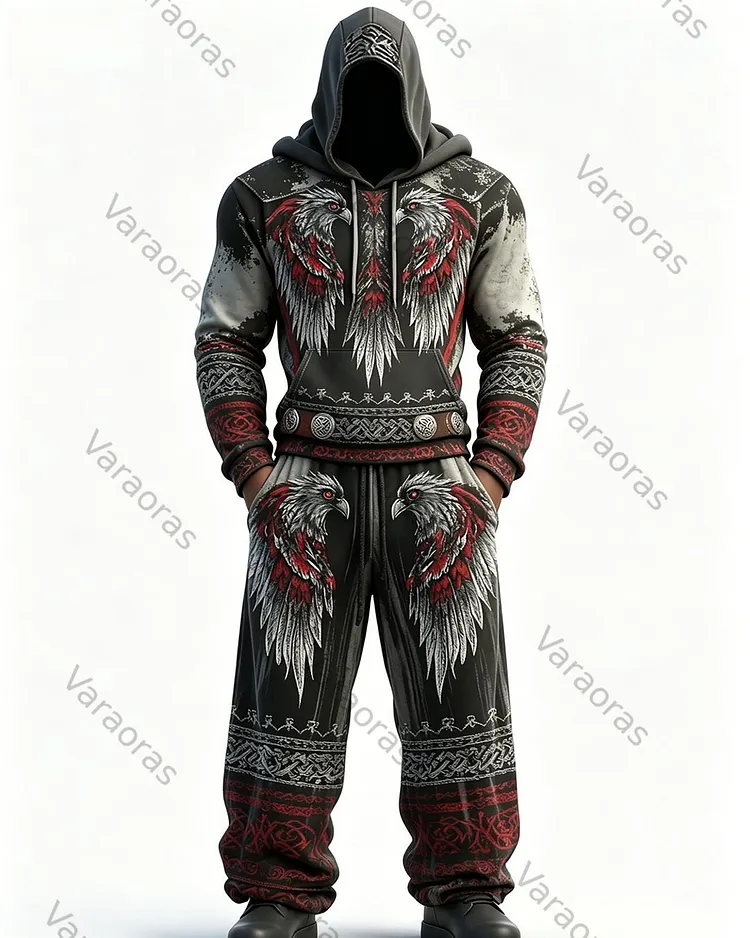 Men's Fashion Viking Contrast Color Embroidered Hoodie & Pants Two-Piece Set 9474